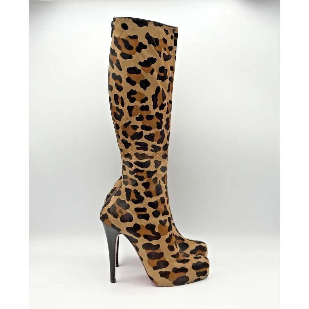 Christian Louboutin Cheetah Print Pony Hair Knee High Platform Boots Size EU 35